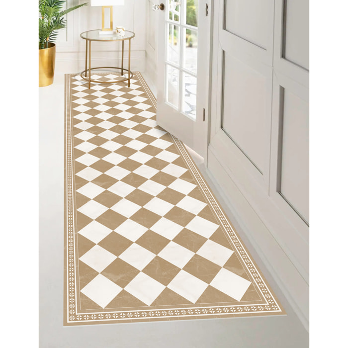 Alfombra de vinilo Galileo Beige 66x250 cm - PVC antideslizante, vinilica para cocina o salón, lavable, estilo hidraúlico