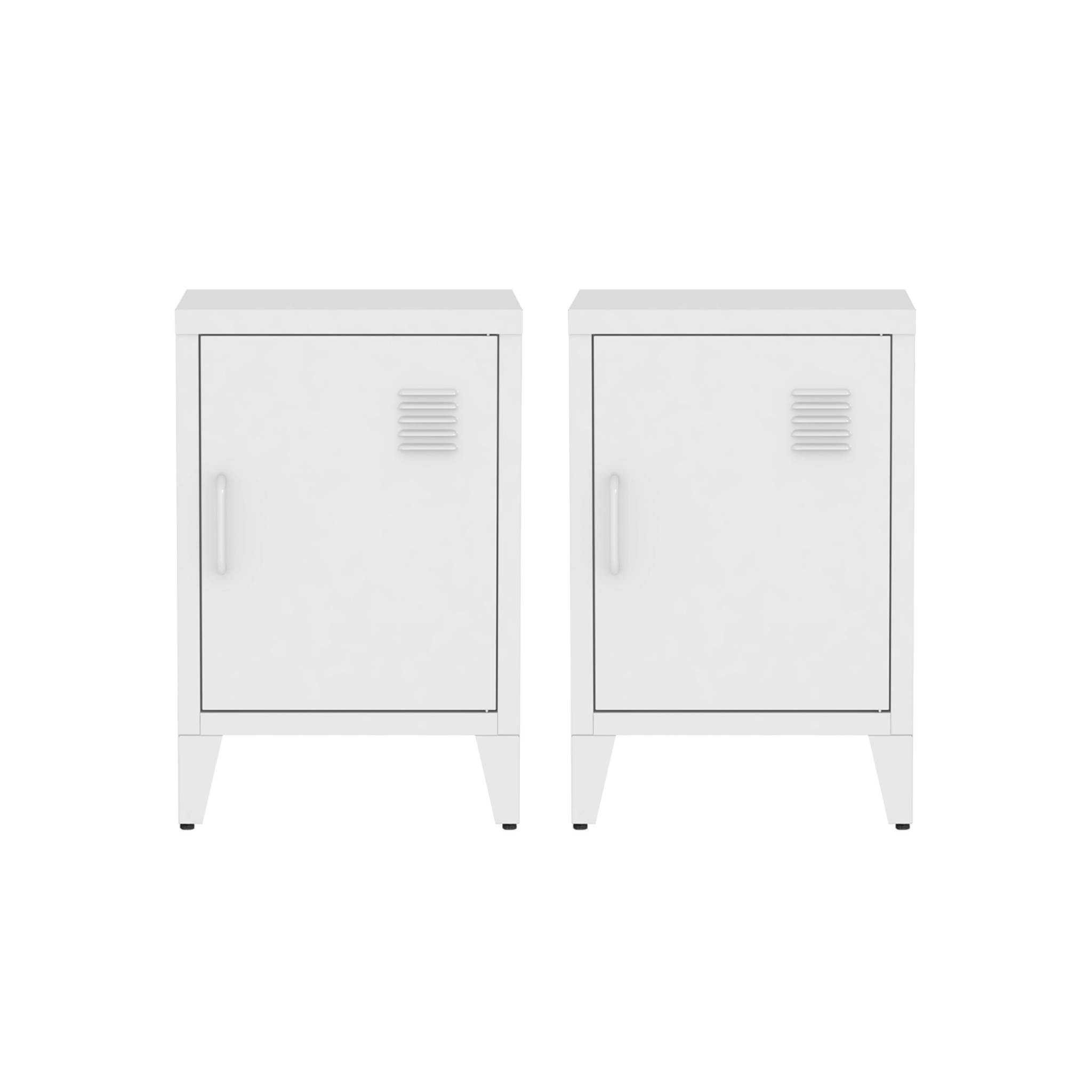 Lot de 2 tables de chevet en acier 1 porte. Blanc. casier. L 38 x P 38 x H 55.7 cm