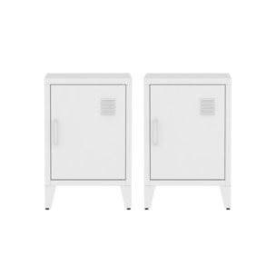 Lot de 2 tables de chevet en acier 1 porte. Blanc. casier. L 38 x P 38 x H 55.7 cm