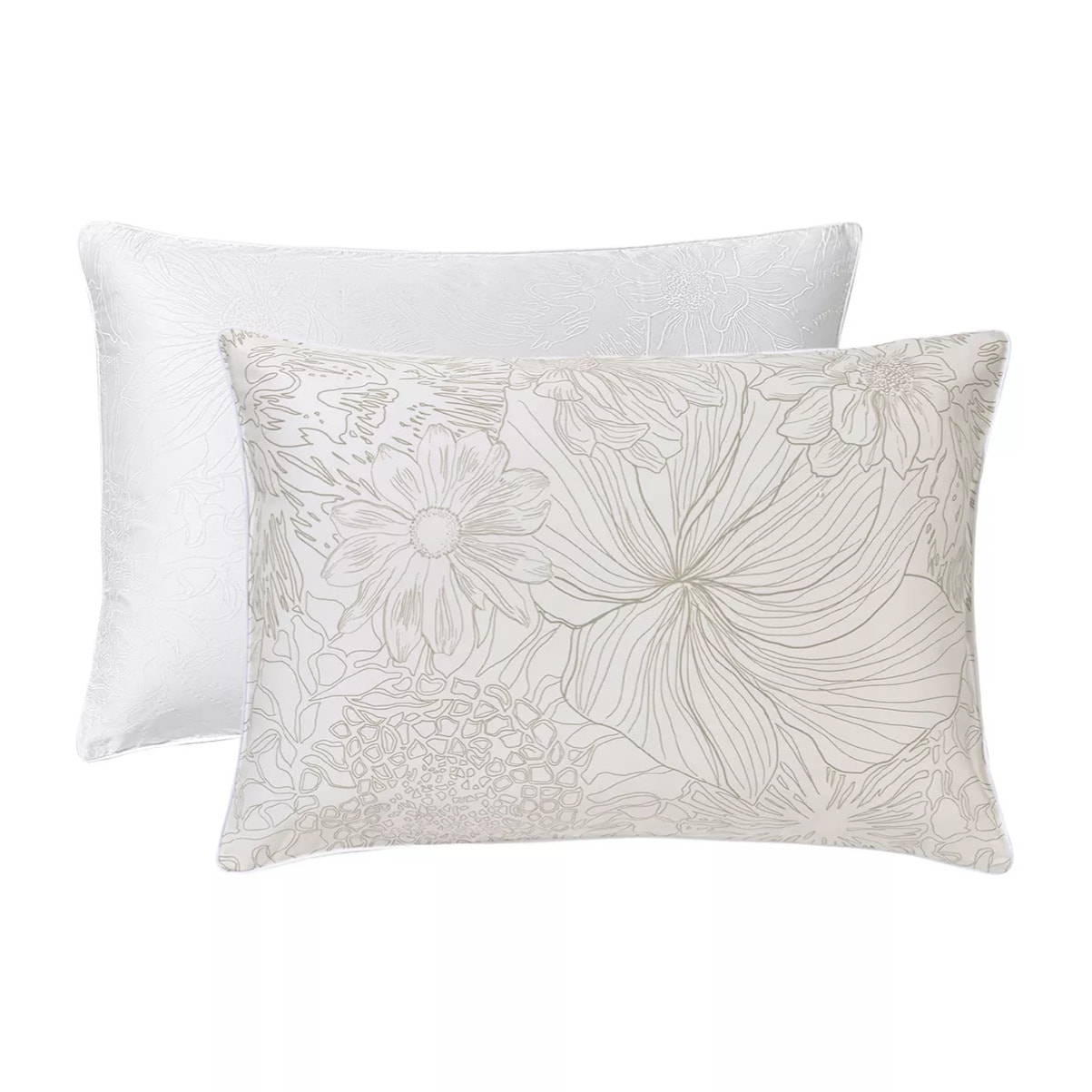 Taie d'oreiller satin de coton imprimé blanc beige Flower power white