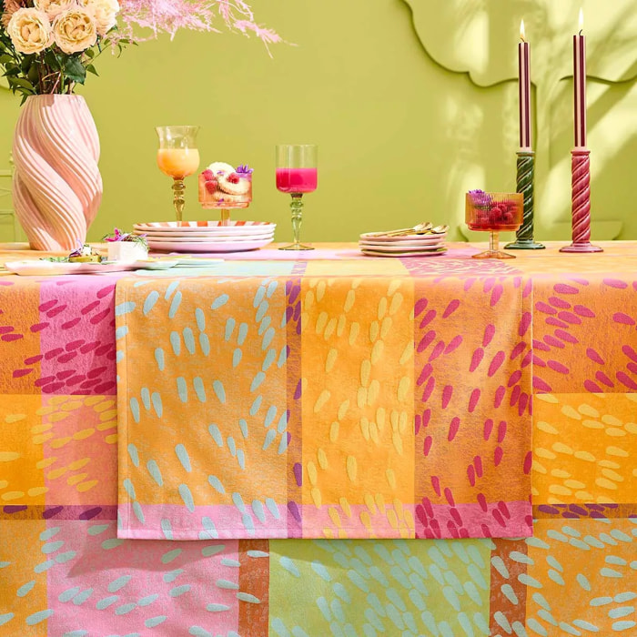 Chemin de table pur coton 220 g/m² motif jacquard rose vert Mille sources berlingot