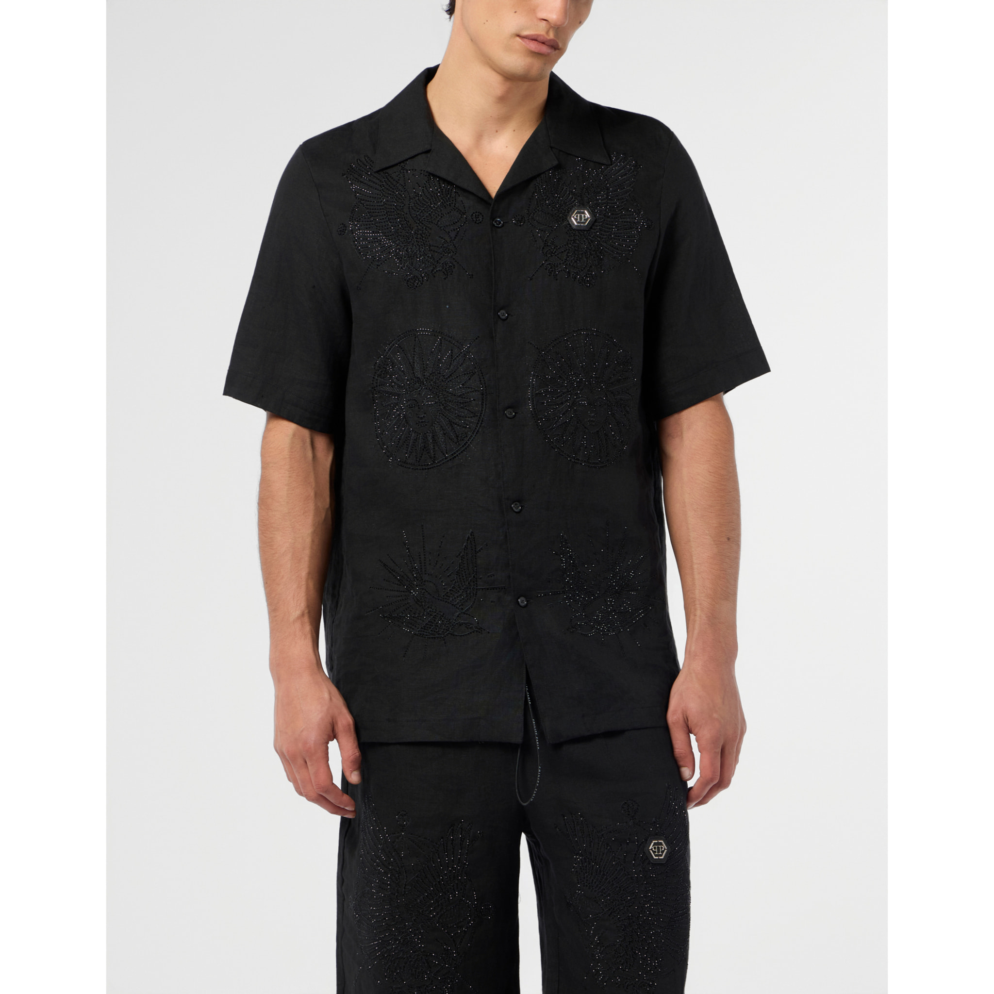 PHILIPP PLEIN Embroidered Linen Bowling Shirt Tattoo Strass