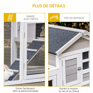 Clapier cage à lapins cottage - niche supérieure avec rampe et enclos extérieur - plateau excrément, toit bitumé, 4 portes verrouillables - bois sapin blanc gris