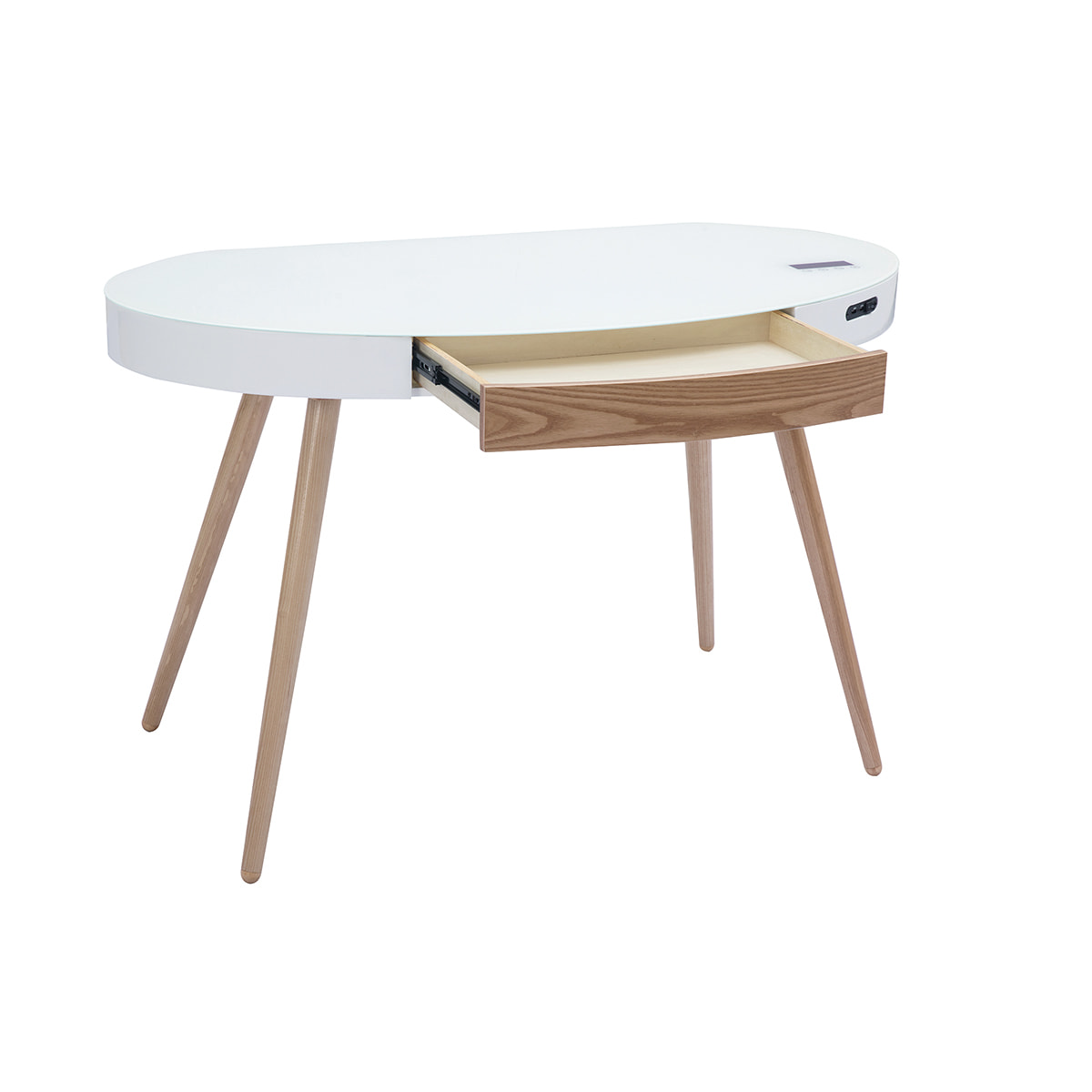 Bureau connecté multimédia verre blanc et bois clair L120 cm HANDY