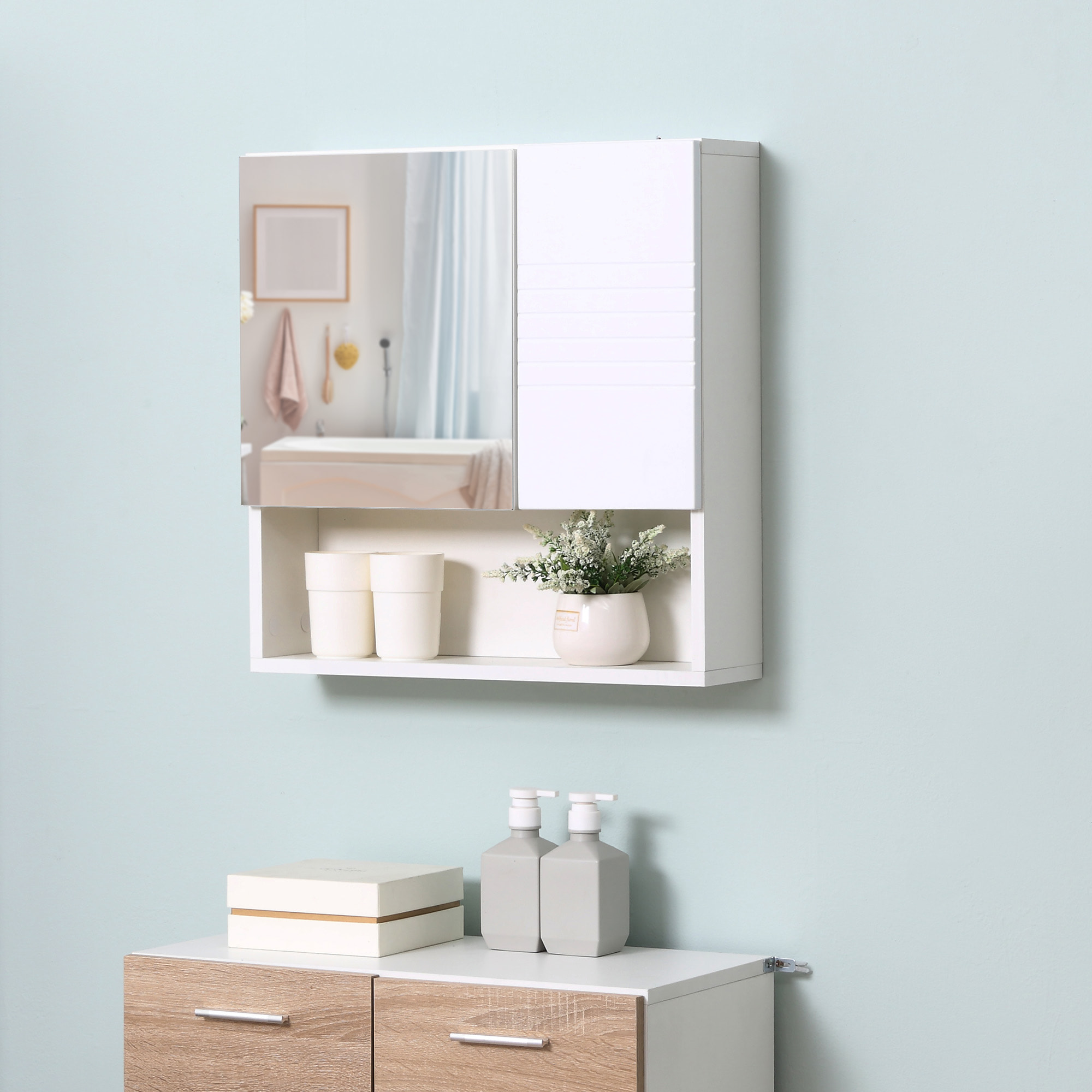 kleankin Mobiletto Bagno Pensile con Specchiera e Ripiani Regolabili, 54x15x55cm - Bianco