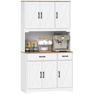 Alacena de Cocina Alta, Mueble Auxiliar de Cocina, con 6 Puertas, Encimera Abierta para Microondas, 2 Cajones, Estantes Ajustables, Orificio para Cable, 94x39,5x175,2 cm, Blanco