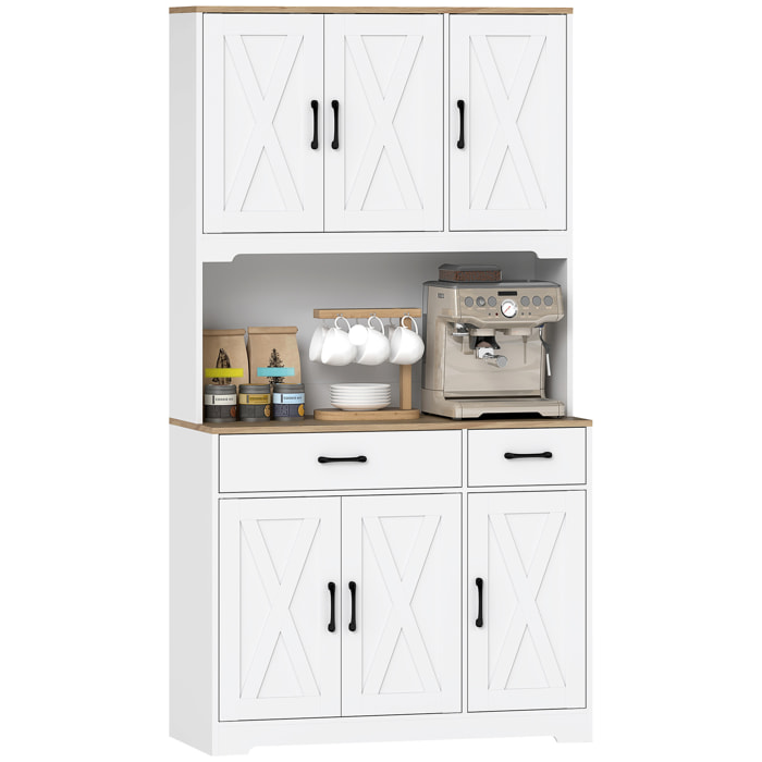 Alacena de Cocina Alta, Mueble Auxiliar de Cocina, con 6 Puertas, Encimera Abierta para Microondas, 2 Cajones, Estantes Ajustables, Orificio para Cable, 94x39,5x175,2 cm, Blanco