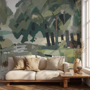 Papier peint Sous-bois cubiste vert olive Intissé