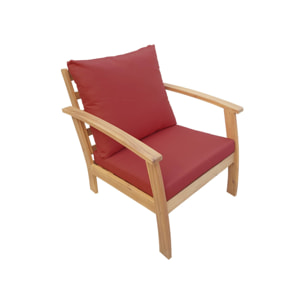 Salon de jardin en bois 4 places - Ushuaïa - Coussins terracotta. canapé. fauteuils et table basse en acacia. design