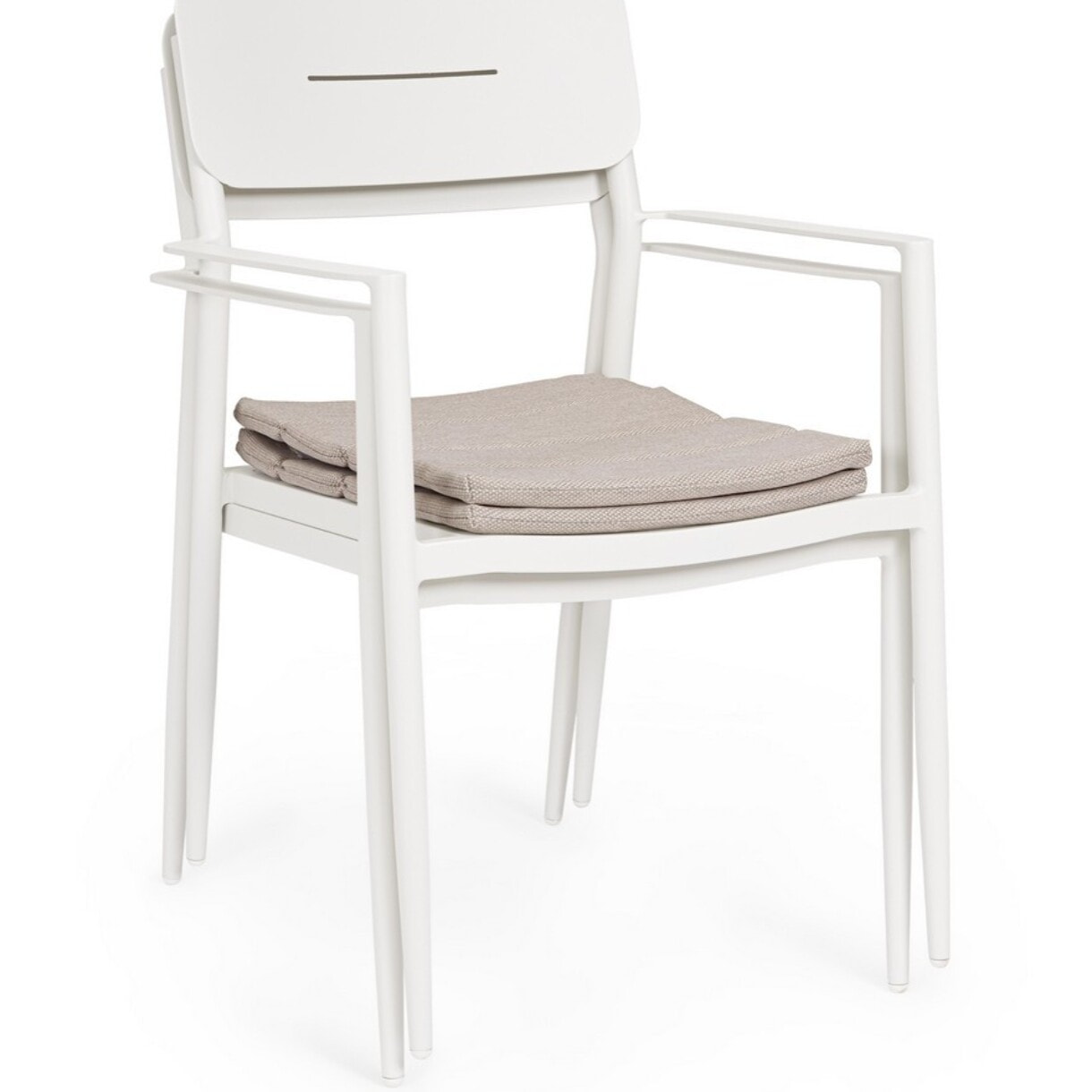 Set di 4 sedie NEBULA in alluminio bianco con cuscino tortora impermeabile, con braccioli