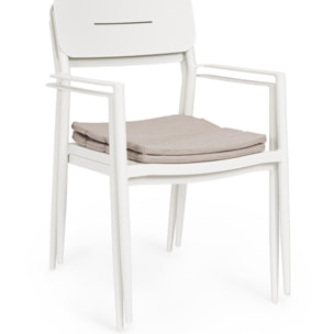 Set di 4 sedie NEBULA in alluminio bianco con cuscino tortora impermeabile, con braccioli