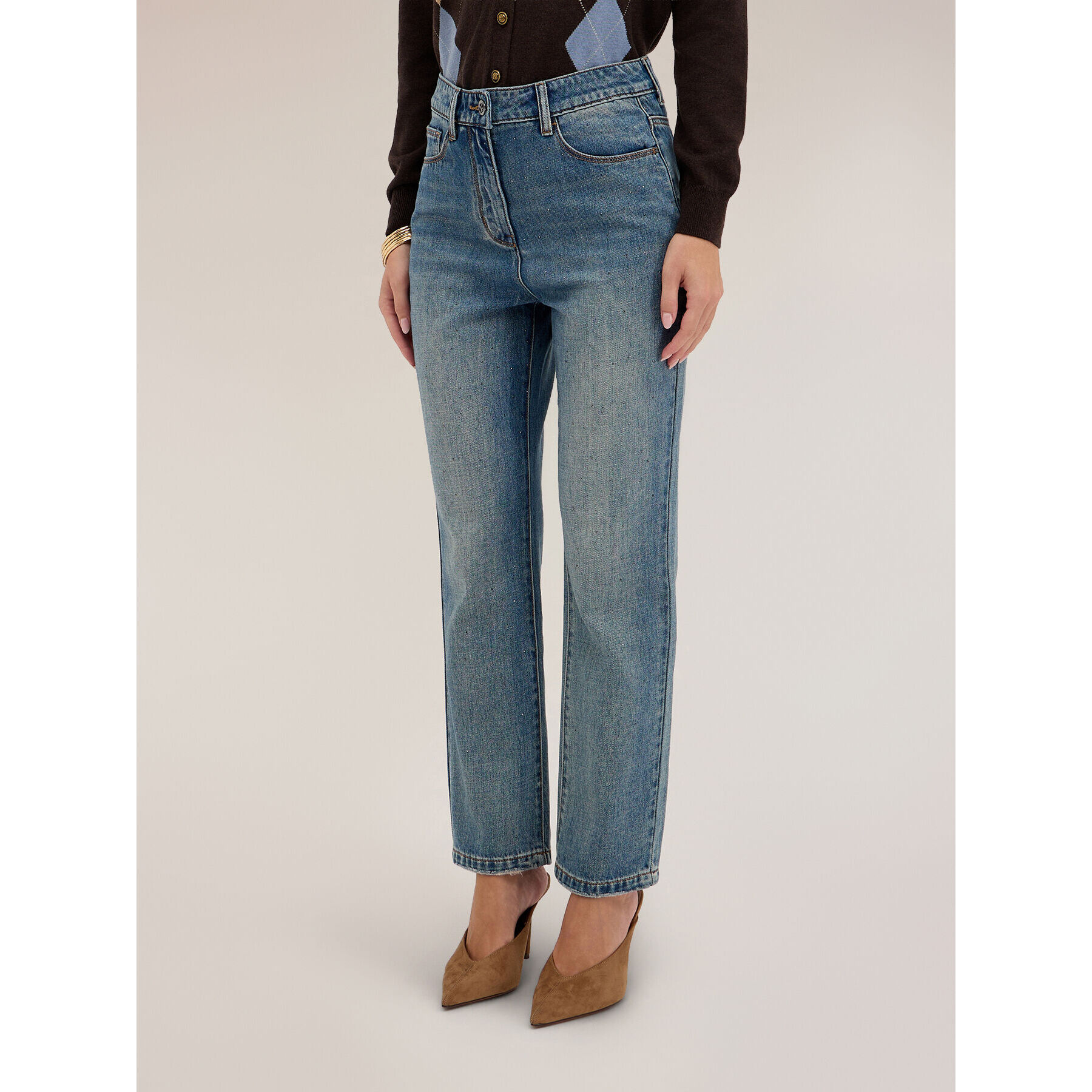 Motivi - Jeans regular vita alta con dettaglio strass - Azzurro
