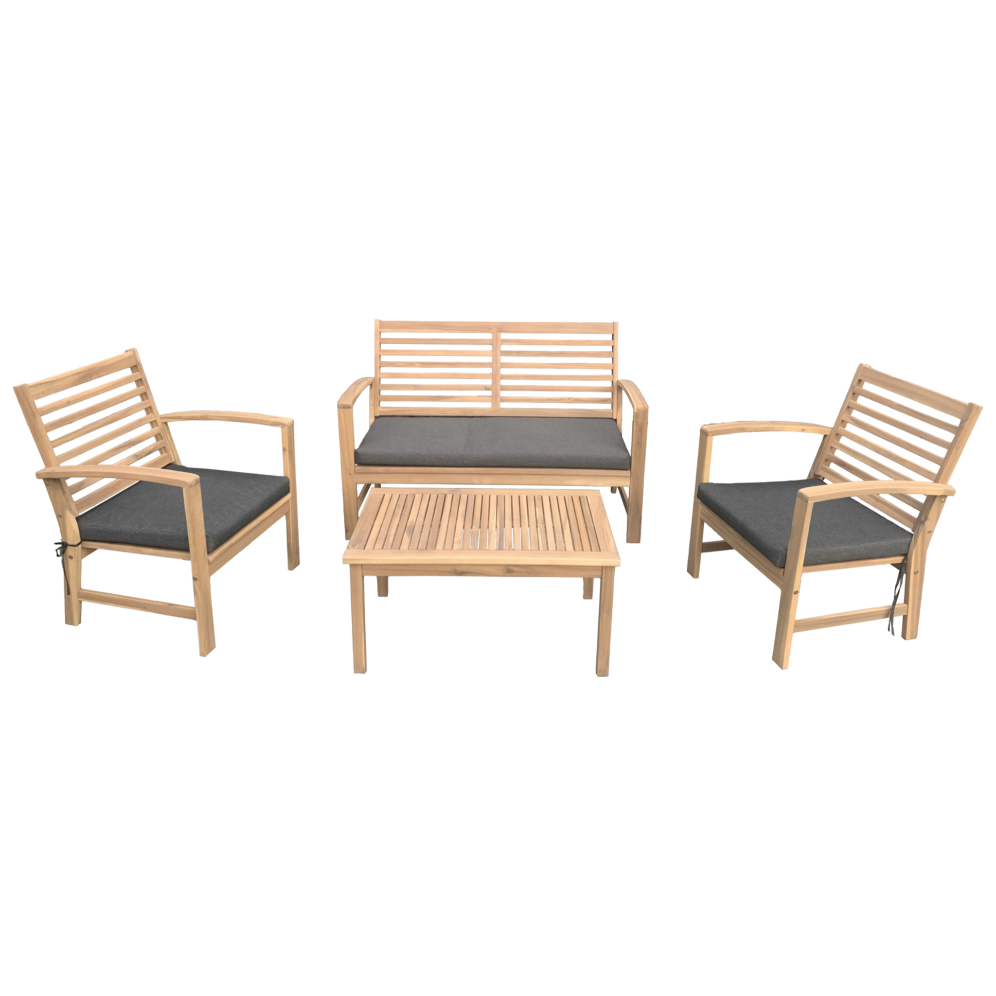 Salon de jardin en acacia 4 places GOA - coussins gris