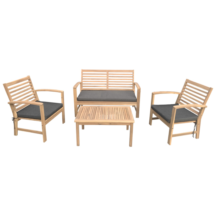 Salon de jardin en acacia 4 places GOA - coussins gris