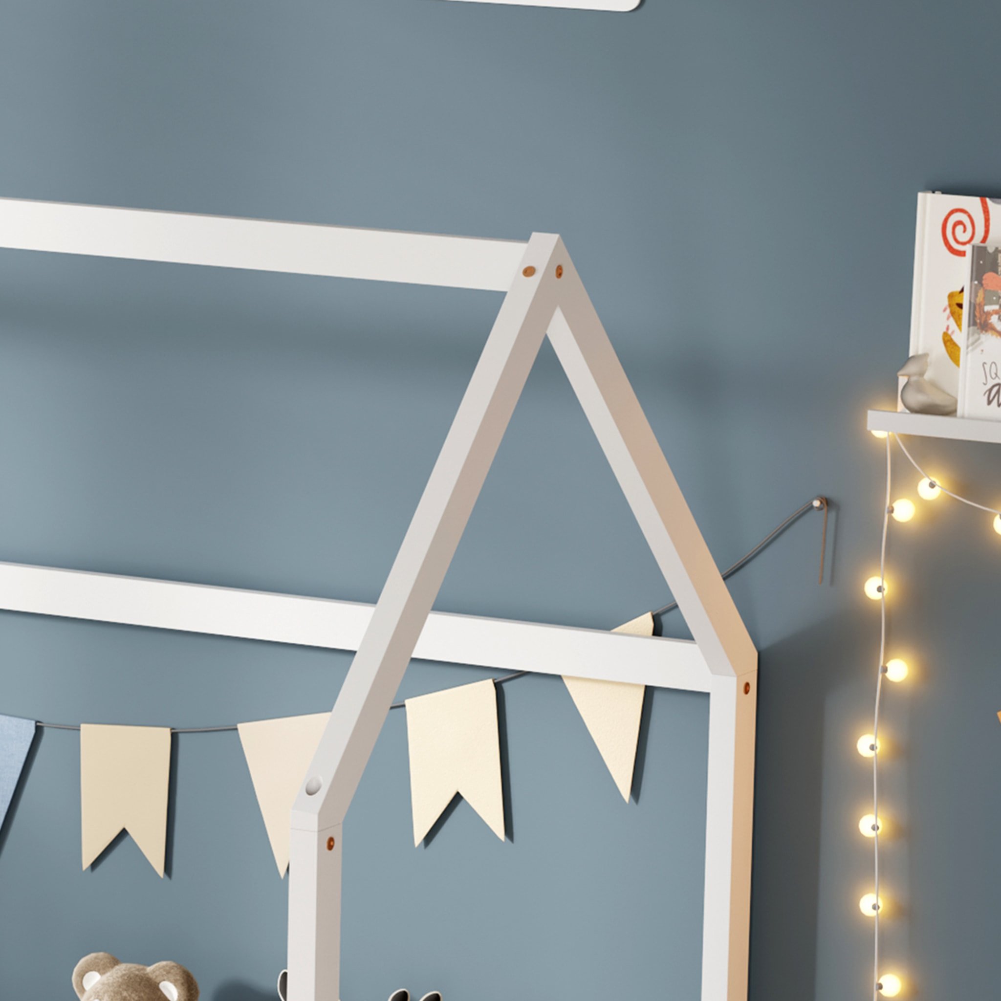 Lit Cabane Nid enchanté 90 x 190 cm, Blanc, Bois de Pin naturel, Barrières latérales de sécurité, Favorise l'imagination