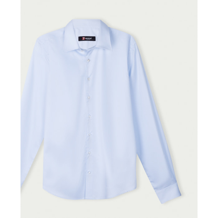 Camicia Uomo 1 Bottone Italiano Slim Satin Unito Celeste