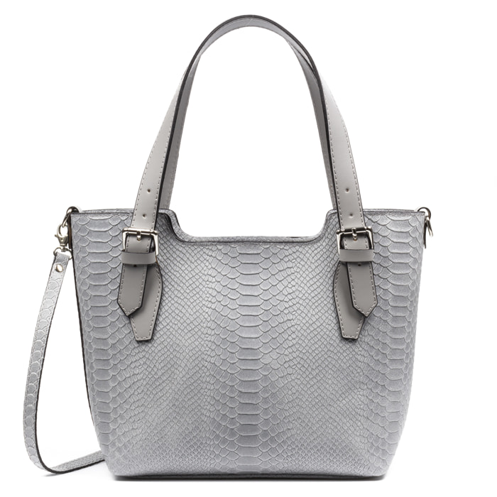 FIRENZE ARTEGIANI Borsa Tote da Donna Arezzo. Vera Pelle Scamosciata Incisione Serpente Made in Italy 37x14x27 Cm. Colore: blu grigio