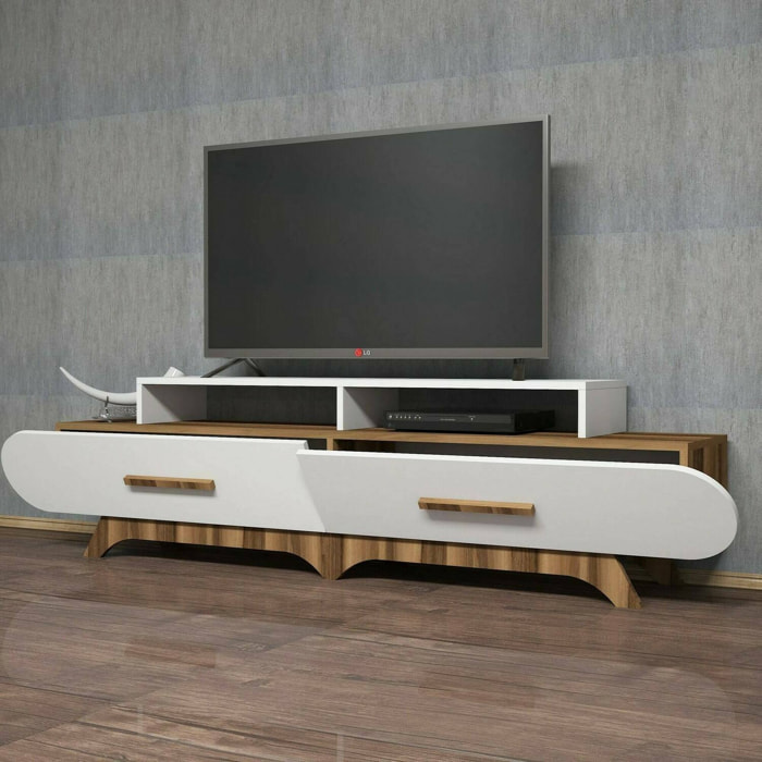 Mobile porta TV Massima, Credenza da soggiorno, Armadio basso per TV, Base parete attrezzata, 205x37h50 cm, Noce e Bianco