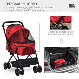 Cochecito para Mascotas Plegable Carrito para Perros Gatos con Toldo Ajustable Cesta de Almacenaje Correas de Seguridad y Frenos Tela Oxford 600D Acero 76,5x52x95 cm Rojo