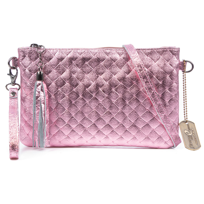 Oleggio bolso bandolera mujer. Piel auténtica Gamuza con grabado entrelazado y lacada brillante.