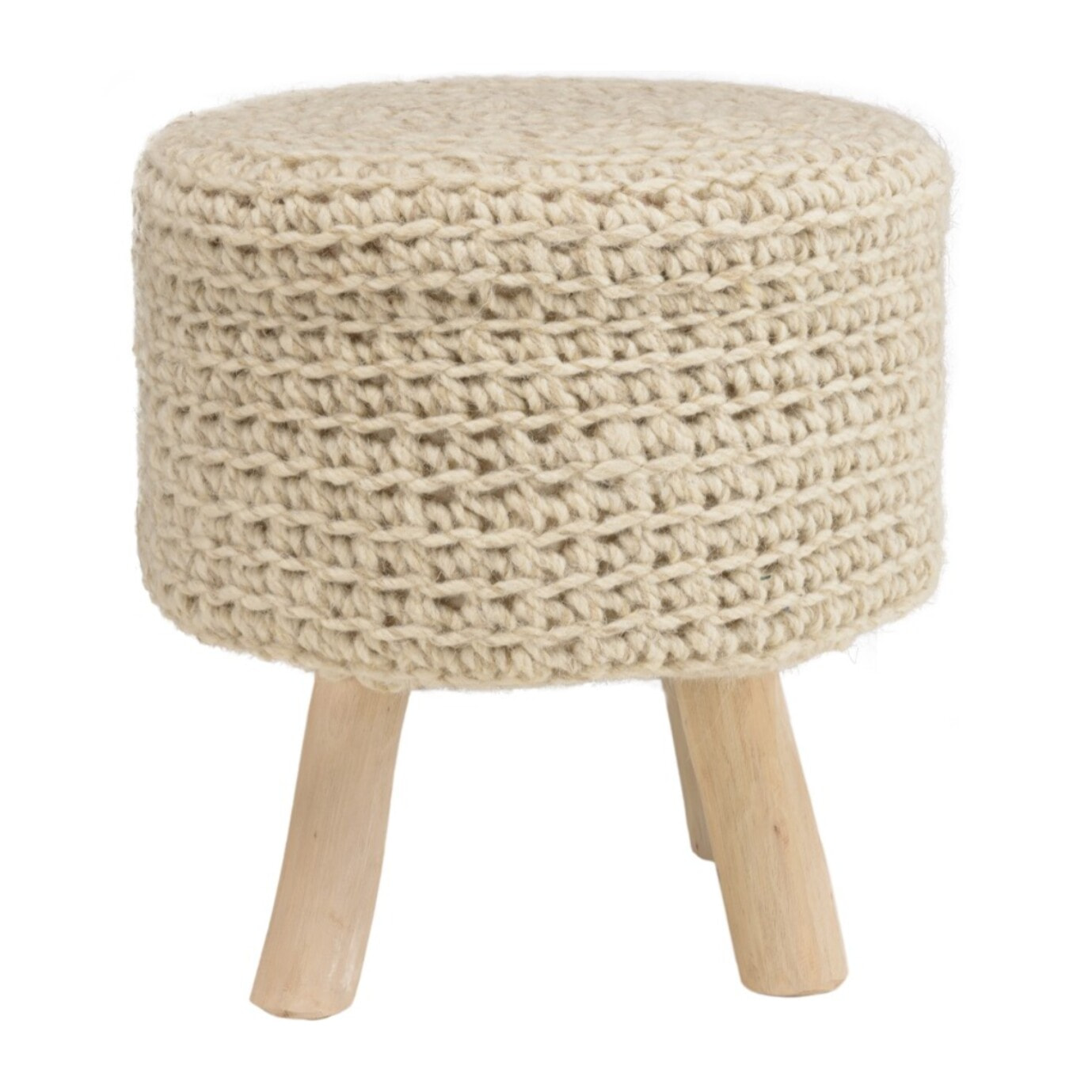 SACHA - Tabouret rond 40x40cm laine tressé ivoire pieds bois naturel