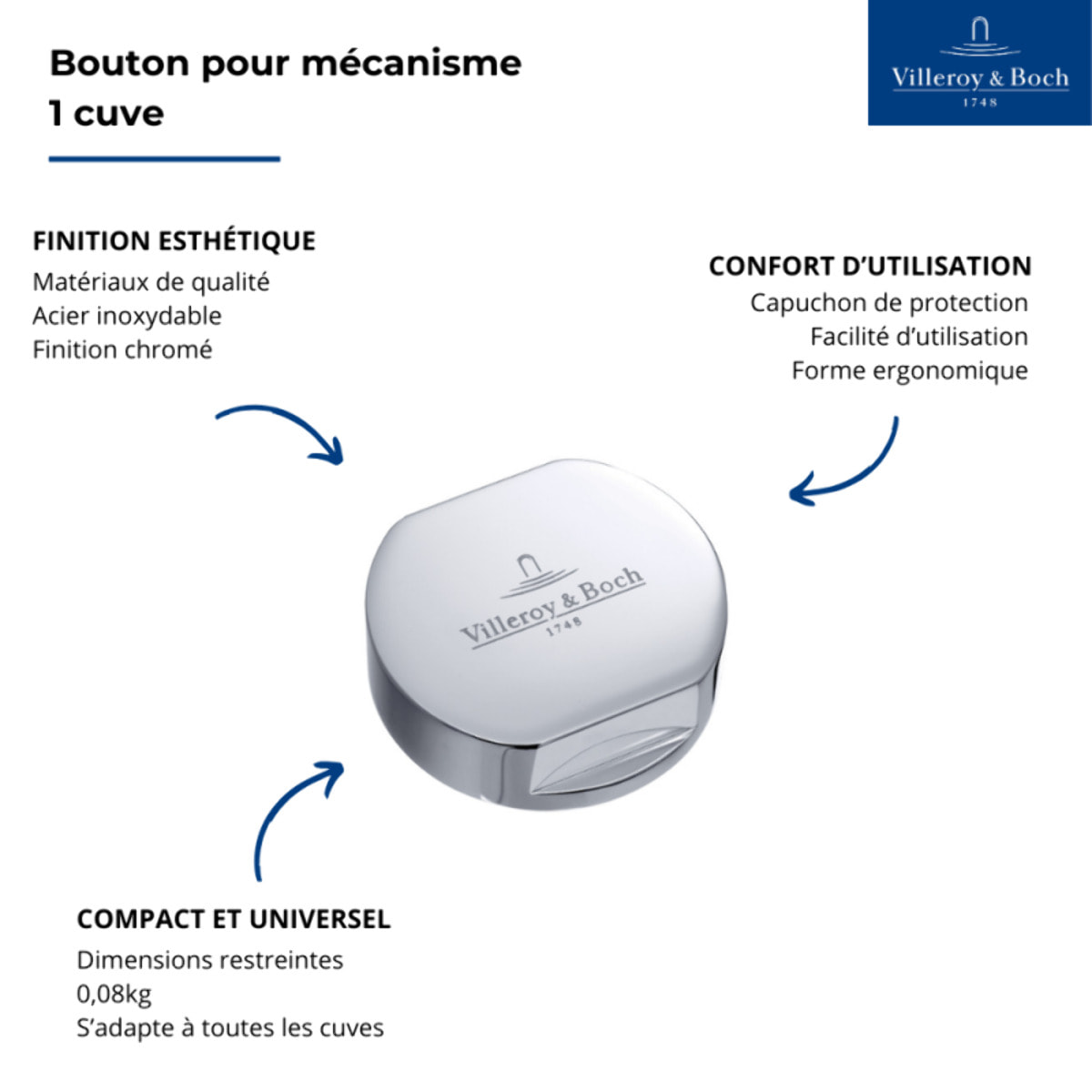 Bouton pour vidage évier 1 cuve VILLEROY & BOCH finition chromé
