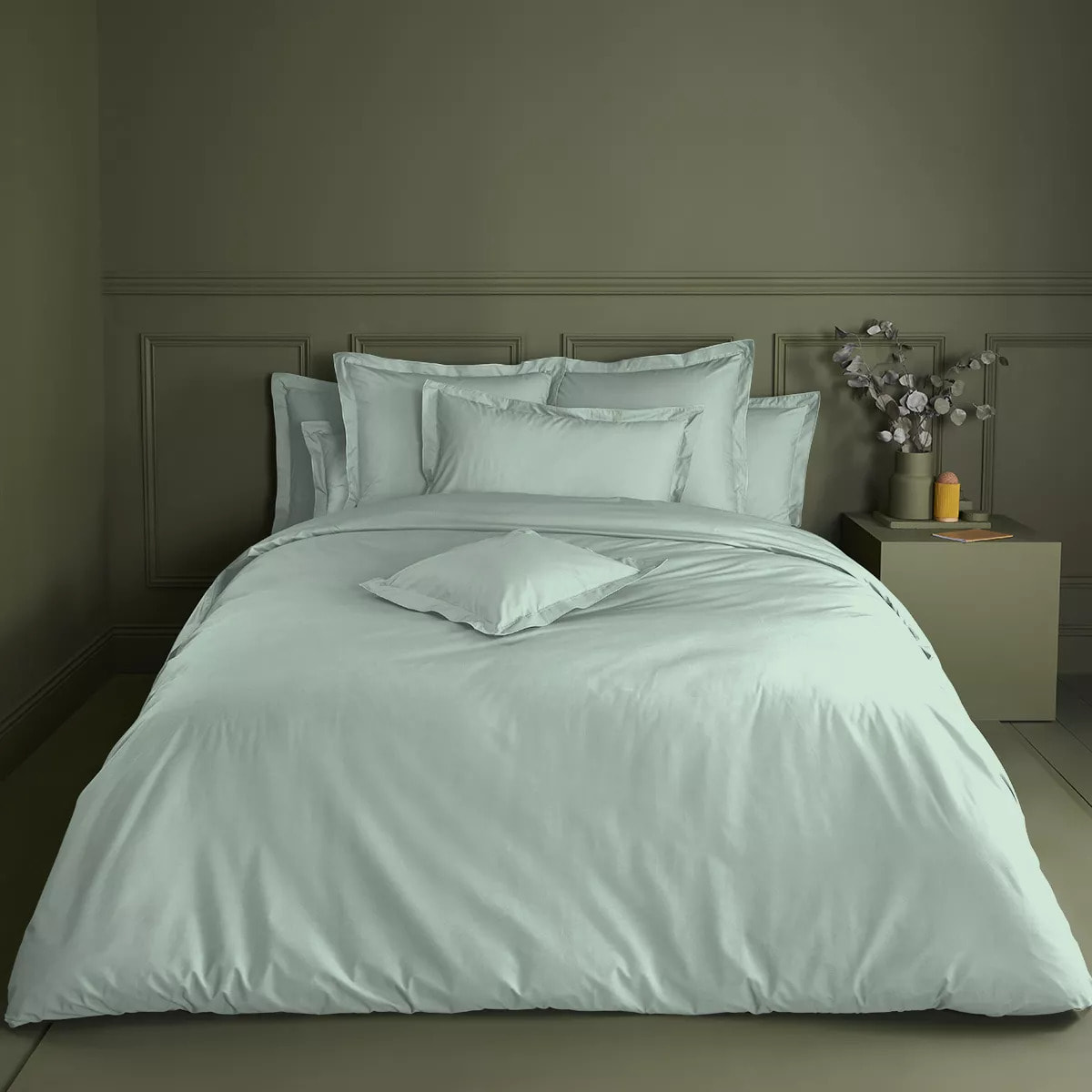 Drap housse b30 percale de coton uni bleu vert La percale francaise givre