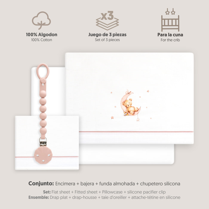 Triptico Cuna Estampado Oso Luna Estrellas + Broche Bco/Rosa