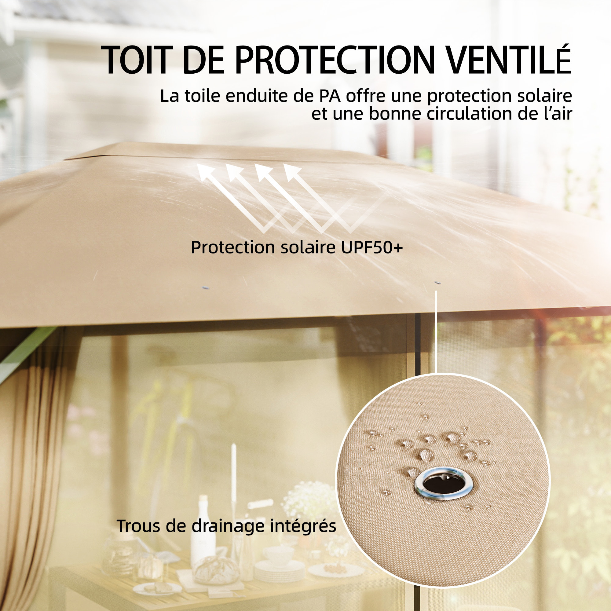 Pavillon de jardin style colonial coloris camel 4 x 3 m rideaux et moustiquaires inclus