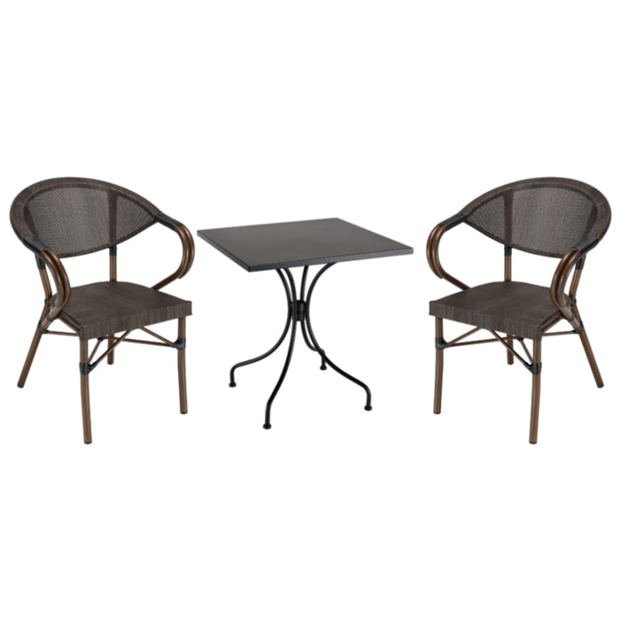 VIANNEY - nsemble de jardin en acier table 70x70cm et 2 chaises marron