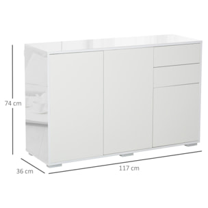 Aparador de Salón con 3 Puertas 2 Cajones y Estante Interior Ajustable Mueble Auxiliar de Almacenaje para Cocina Dormitorio Antivuelco 117x36x74 cm Alto Brillo Blanco