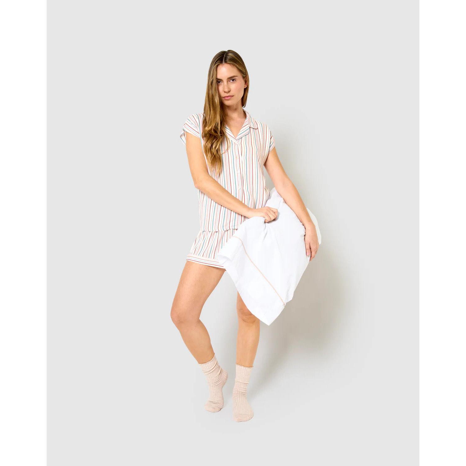 Pigiama corto a camicia in viscosa a righe rosa serene
