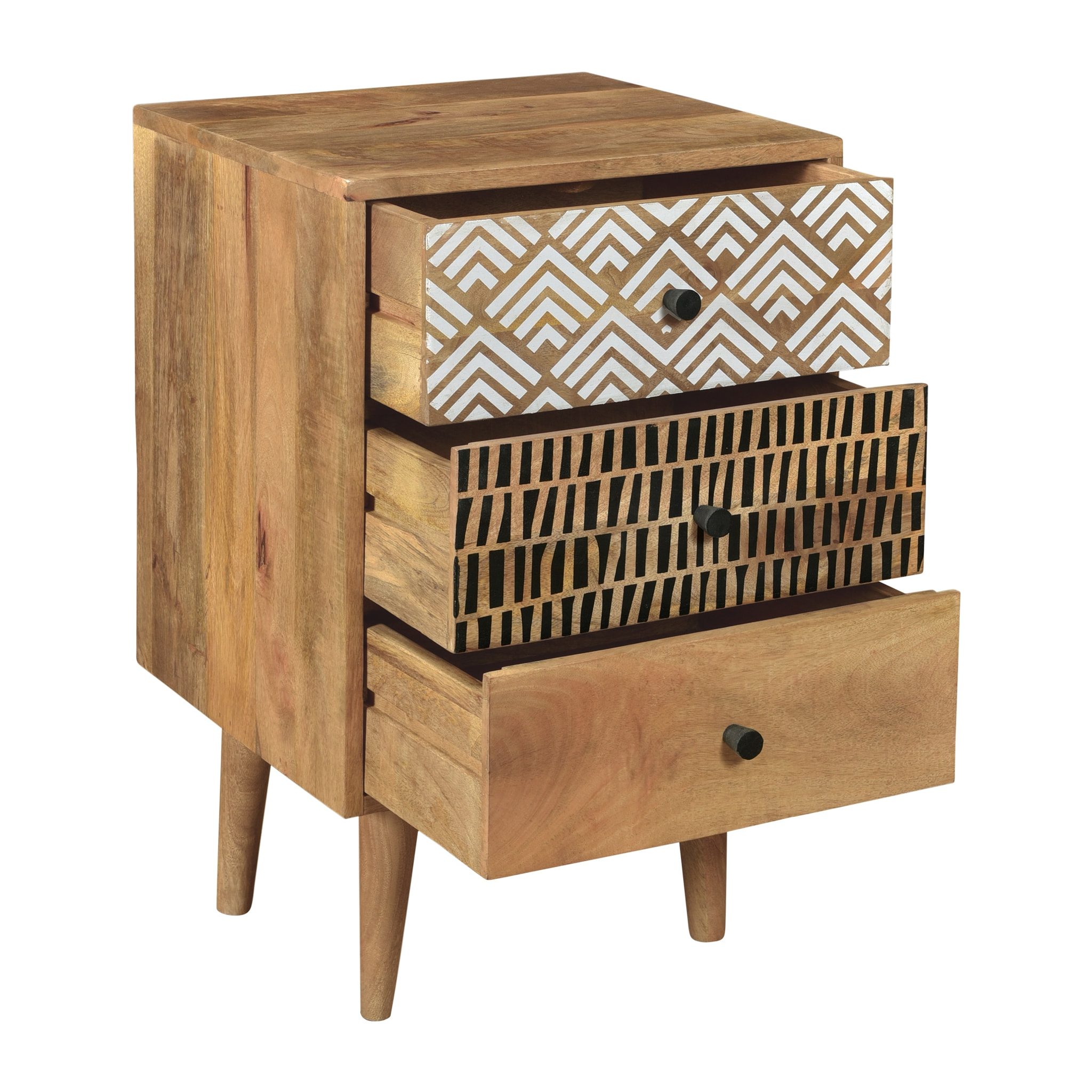 Table de chevet en bois, 3 tiroirs à motifs - Tali