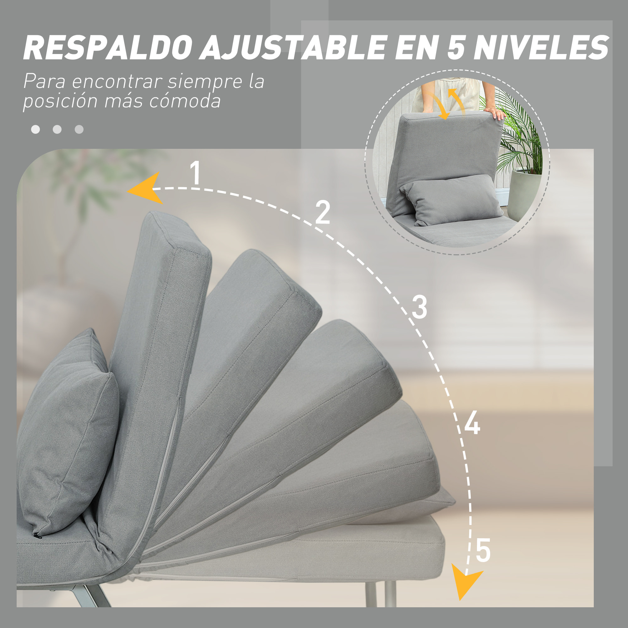 Sofá Cama de 1 Plaza 3 en 1, Sofá Cama Plegable Tapizado en Lino Sintético con Respaldo Ajustable de 5 Niveles y Almohada Acolchada, para Oficina, Dormitorio, Salón, 73x78x81 cm, Gris Claro