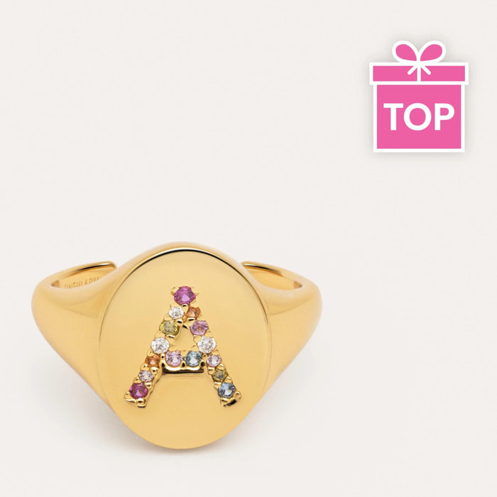 Anillo Personalizado Signet Letter Colors Baño Oro