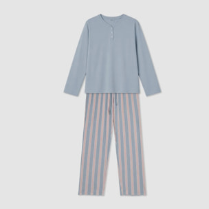 Pijama largo de algodón con escote pico raya zena celeste
