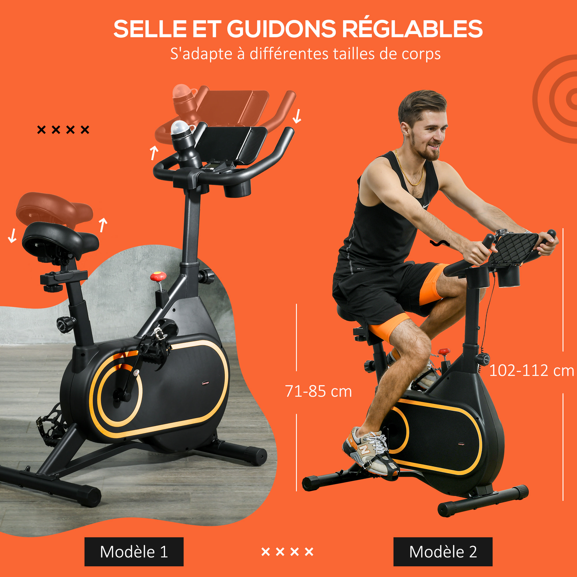 Vélo d'appartement réglable - vélo biking cardio - volant d'inertie 4 Kg, écran LCD, support Ipad, porte-gobelet - acier noir