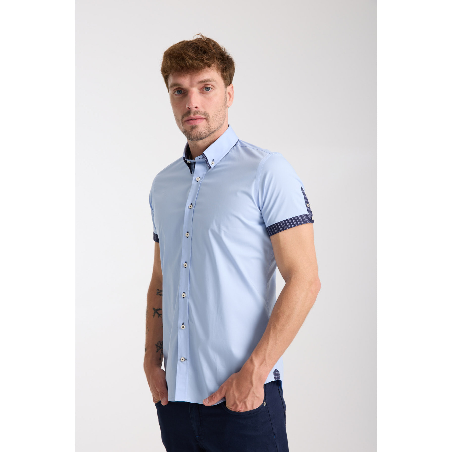camicia uomo slim 1 bottone button down doppio collo Popeline Stretch Unito Celeste