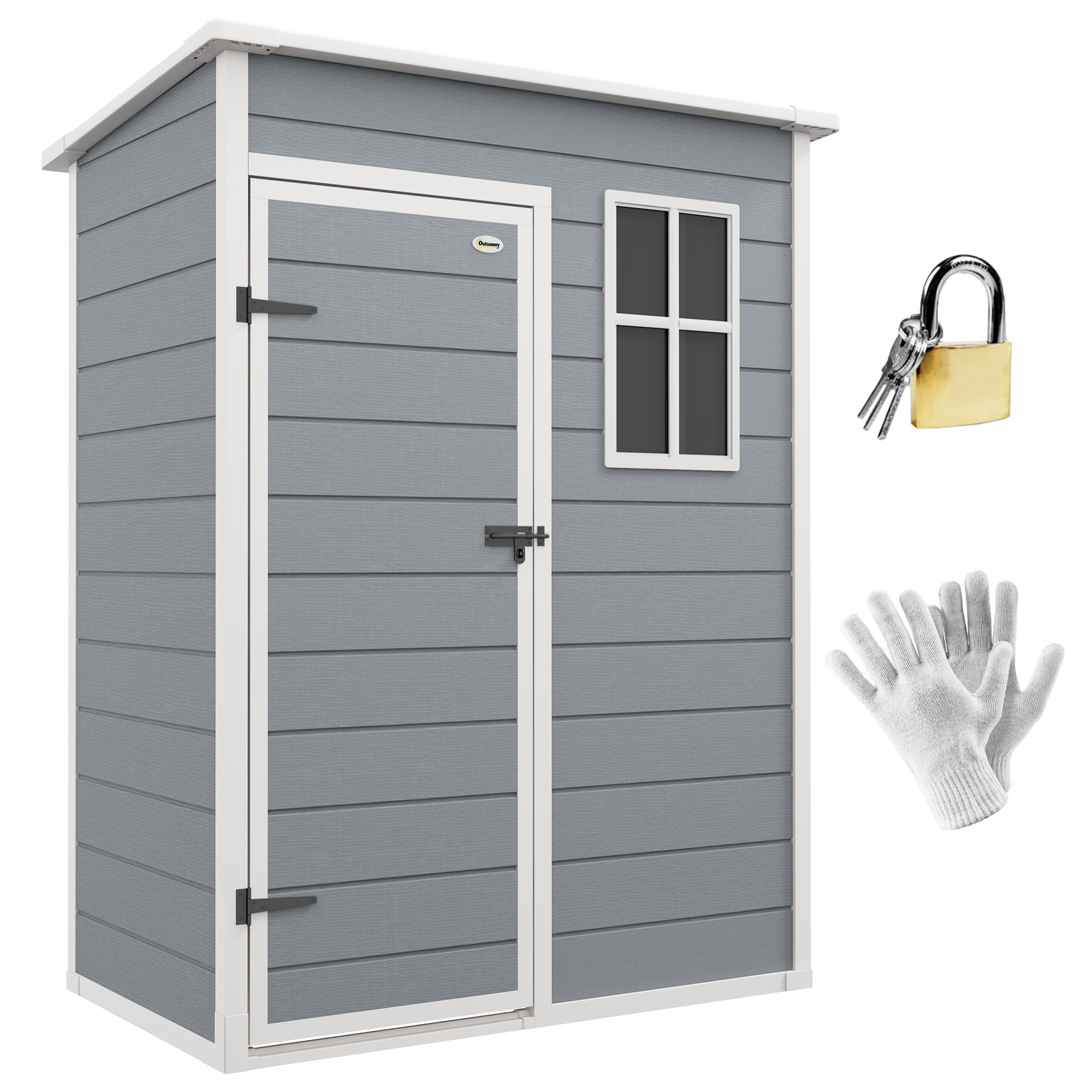 Caseta de Jardín Exterior, 1,14 m², 151x92x193 cm, Cobertizo de Jardín Exterior Metálico con Suelo, Puerta Corredera, Ventana y Techo Inclinado, para Almacenamiento de Herramientas, Gris