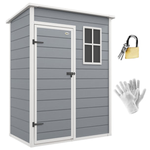 Caseta de Jardín Exterior, 1,14 m², 151x92x193 cm, Cobertizo de Jardín Exterior Metálico con Suelo, Puerta Corredera, Ventana y Techo Inclinado, para Almacenamiento de Herramientas, Gris