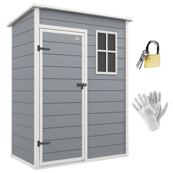 Caseta de Jardín Exterior, 1,14 m², 151x92x193 cm, Cobertizo de Jardín Exterior Metálico con Suelo, Puerta Corredera, Ventana y Techo Inclinado, para Almacenamiento de Herramientas, Gris