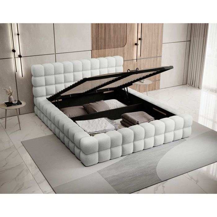 Kingston - lit coffre - 140x200 - sommier inclus - en tissu bouclette - Blanc