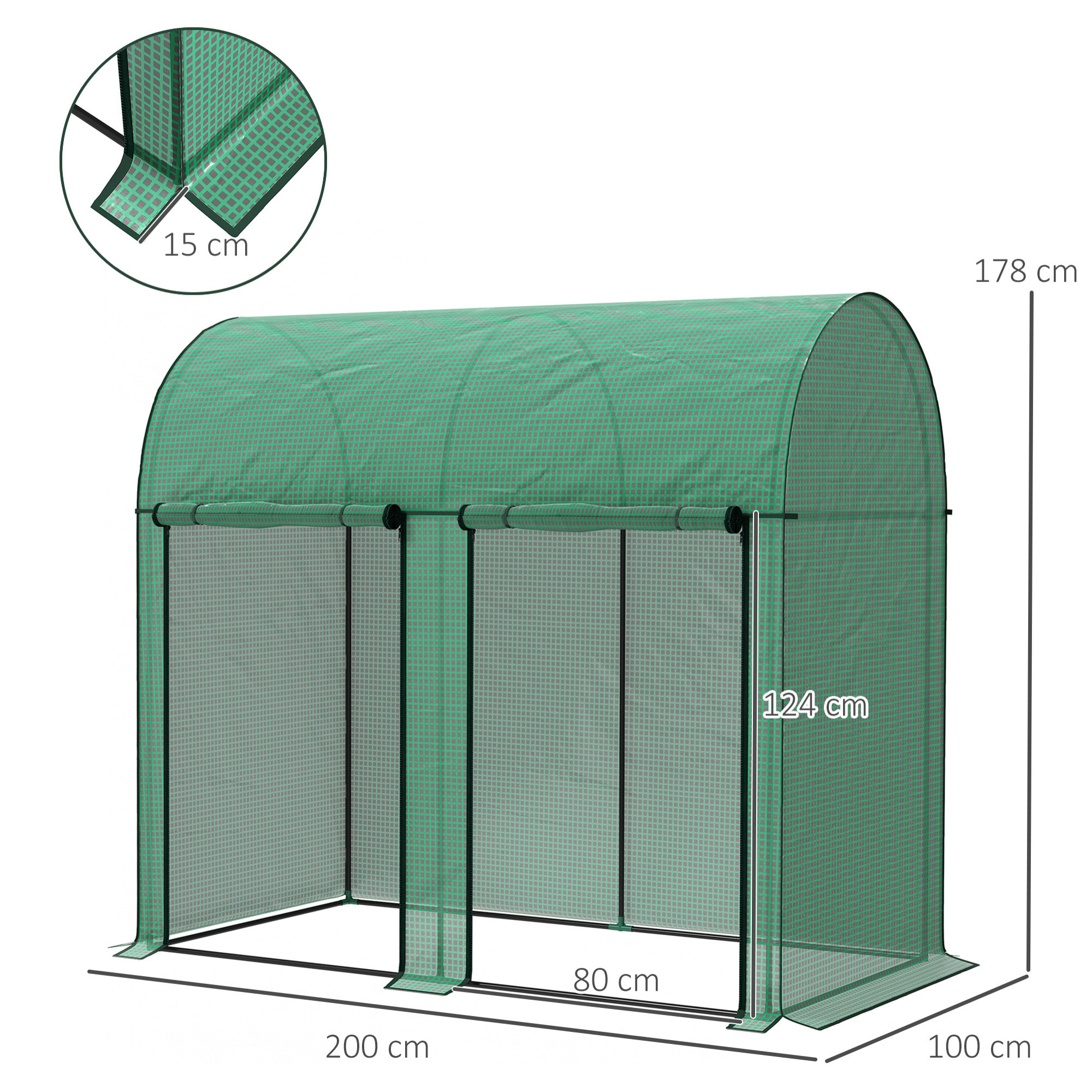 Invernadero de Exterior Invernadero de Jardín con 2 Puertas Enrollables con Cremallera Marco de Acero y Cubierta de PE 140g/m² Anti-UV Impermeable para Plantas Flores 200x100x178 cm Verde