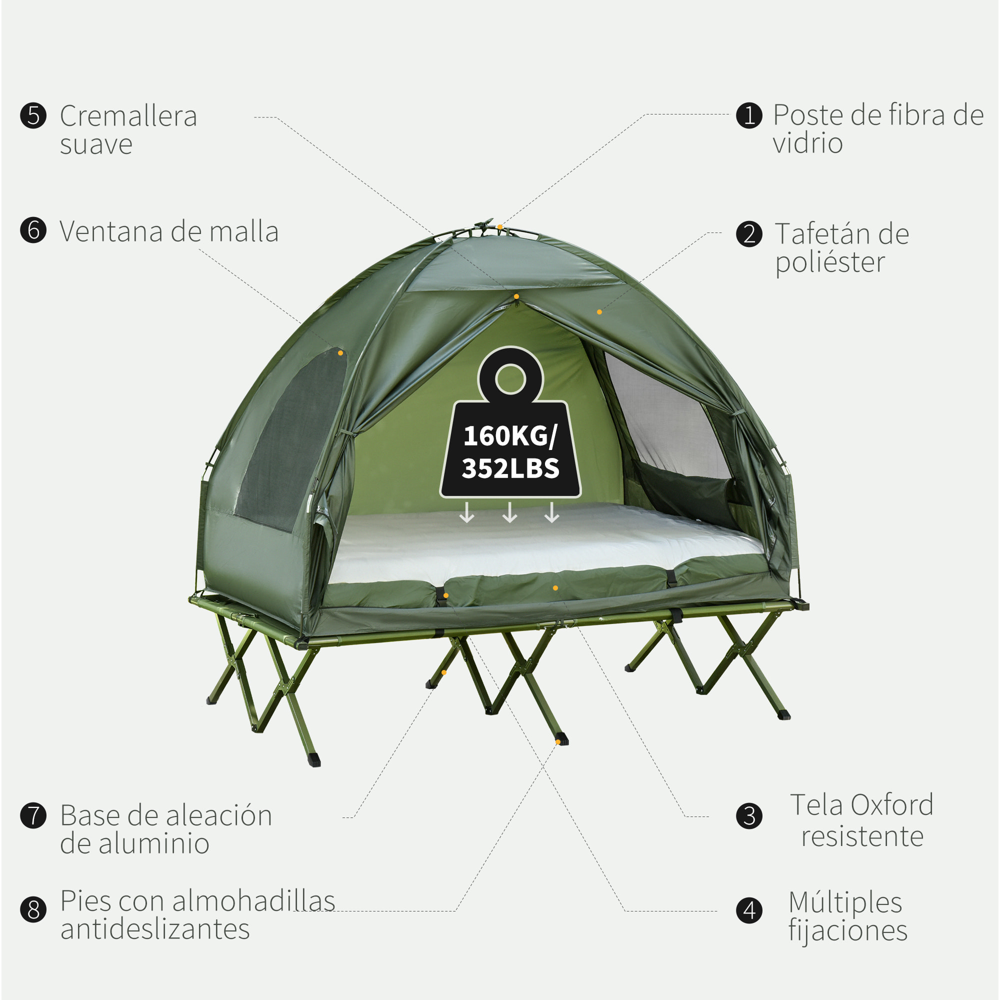 Outsunny Cama Doble de Camping Plegable con Tienda de Campaña Colchón Hinchable