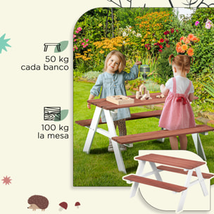 Juego de Mesa y 2 Bancos Infantiles de Madera Mesa de Picnic para Niños de 3-8 Años para Jardín Patio Terraza 89x79x50 cm Marrón