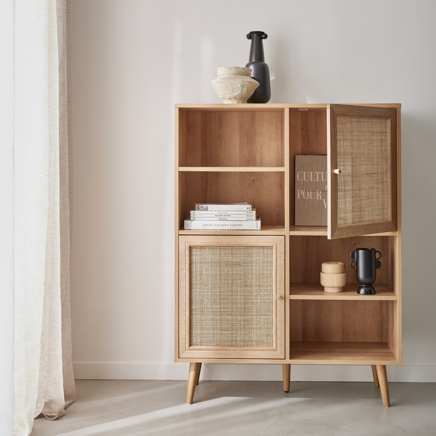 Buffet décor bois et cannage 2 portes 90cm BOHÈME