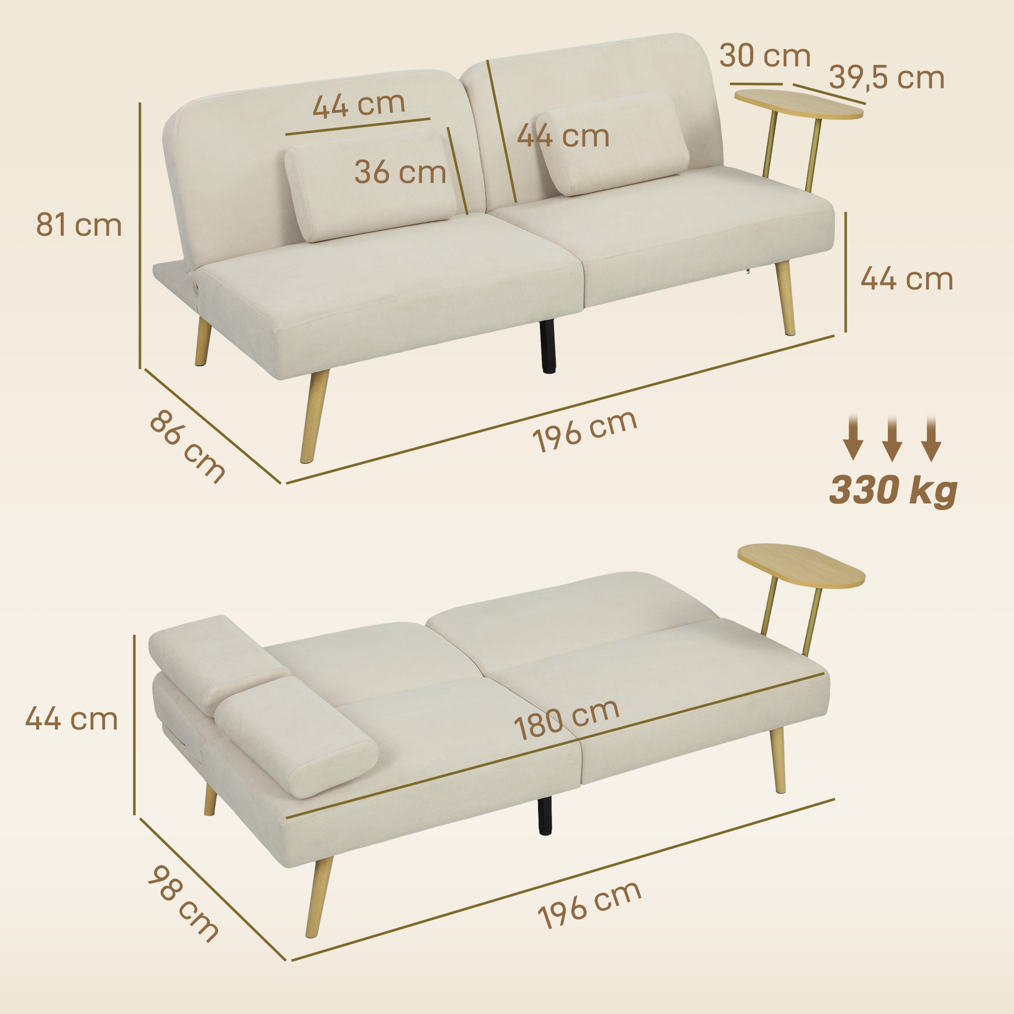 Sofá Cama de 3 Plazas con Mesa Auxiliar, 3 en 1, Sofá Cama Convertible con Respaldo Ajustable, Apertura Clik-Clak, 2 Almohadas para Reposabrazos y Patas de Metal, 196x86x81 cm, Beige