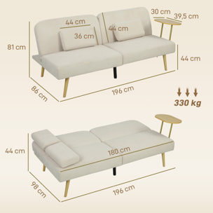 Sofá Cama de 3 Plazas con Mesa Auxiliar, 3 en 1, Sofá Cama Convertible con Respaldo Ajustable, Apertura Clik-Clak, 2 Almohadas para Reposabrazos y Patas de Metal, 196x86x81 cm, Beige