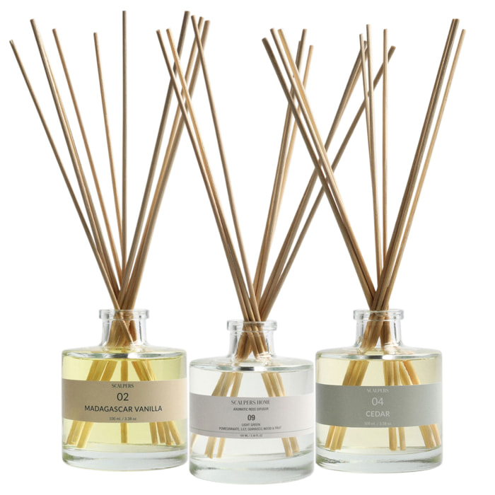 Set de 3 difusores mikado de 100ml aromas a vainilla de madagascar-cedro-light green scalpers
