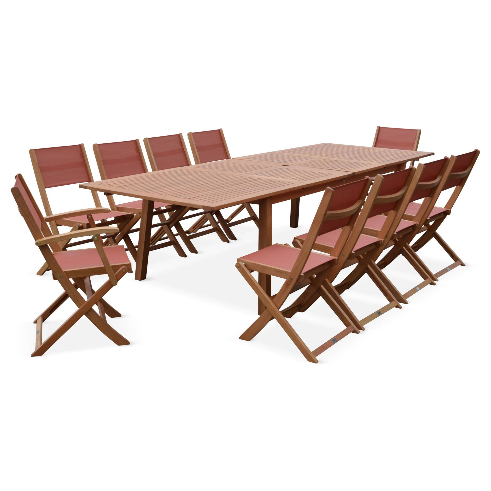 Salon de jardin en bois extensible - Almeria  table 200/250/300cm avec 2 rallonges. 2 fauteuils et 8 chaises. en bois d'Eucalyptus huilé et textilène terra cotta